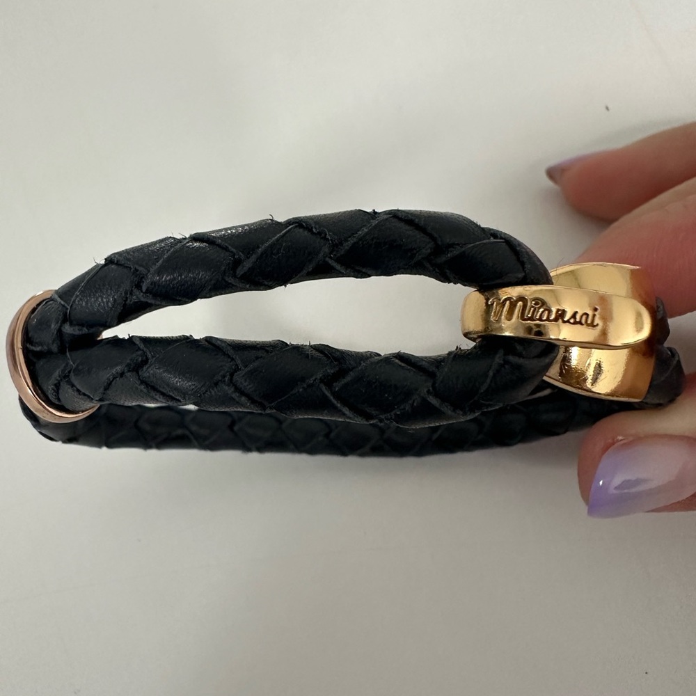 Miansai Black Braided Leather Double-Wrap Bracelet with Gold Clasp